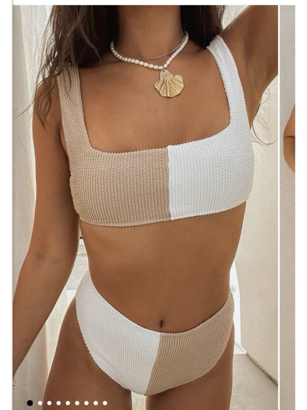 Show Me Your Mumu Scrunch Bikini Set Colorblock Tan White High Waist Bralette XS